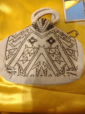 Vintage 1920's/30's Czechoslovakian Beaded White and Black Geometric Evening Bag